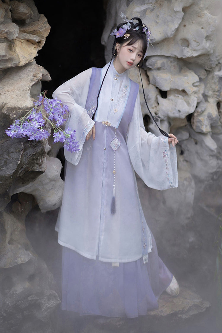 Purple Long Sleeves High Waisted Embroidery Sweet Chinese Style Hanfu Dress Full Set - Product - 3