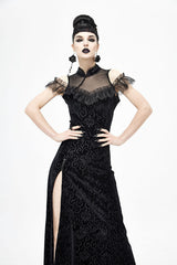 Black Cheongsam Velvet Three Dimensional Print Gothic Dress - Product - 7