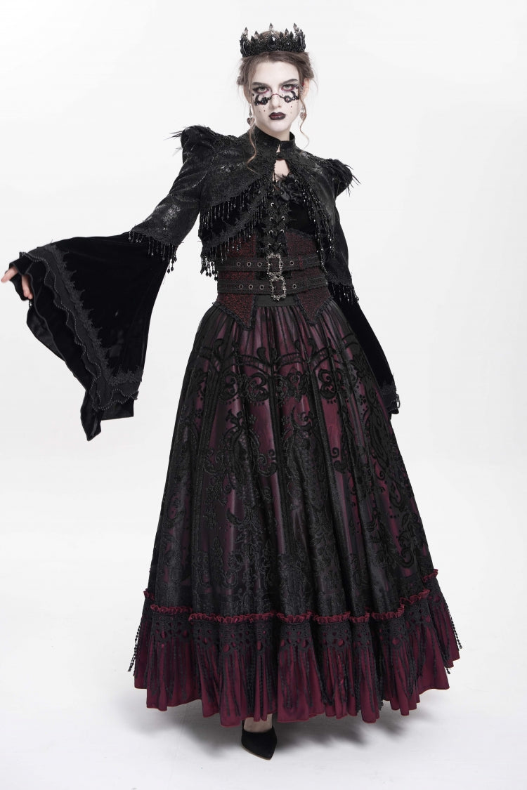 Black Long Sleeves Floral Embroidery Women's Gothic Beaded Frog Short Jacket - Product - 9