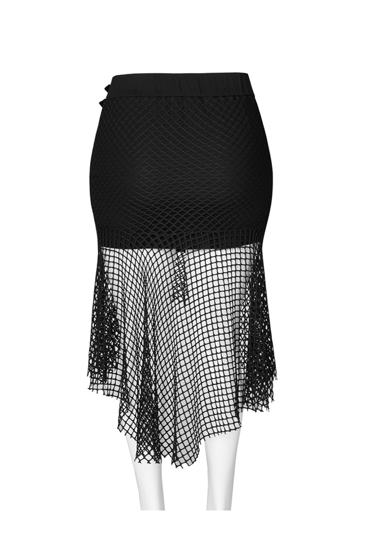 Black Side Leather Clasp Splice Rough Mesh Irregular Hem Plus Size Knit Women's Punk Fishtail Skirt - Product - 6