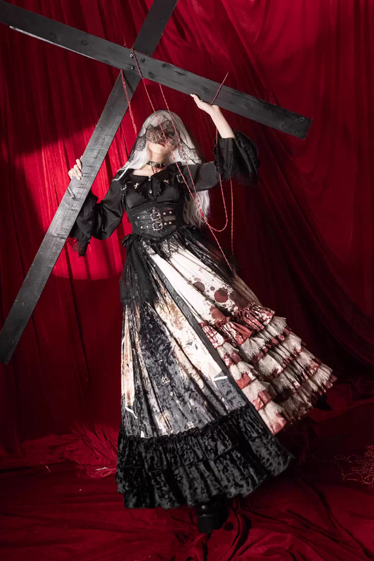 [Heretical Nun] Sleeveless Multi-Layered Printed Ruffled Open-Front Gothic Plus Size Lolita Strap Dress Long Version 2 Colors - Product - 12