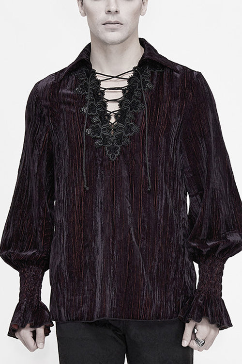 Black And Red Velvet Lantern Sleeves Loose Mens Gothic Blouse - Black/Red - 1