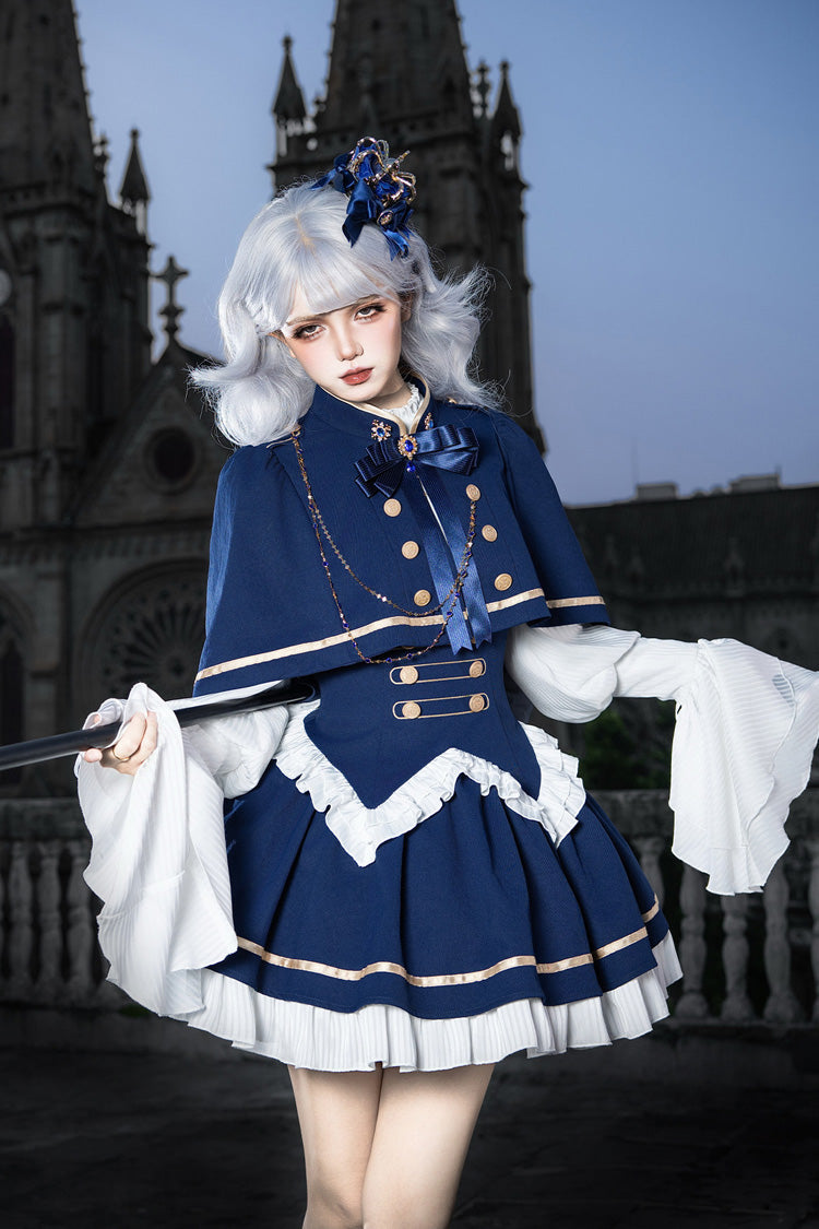 Blue [Eternal Crown] Stand Collar Long Lantern Sleeves Ruffled Color-Blocked Faux Two-Piece Classic Royal Lolita Dress 2 Versions - Product - 17