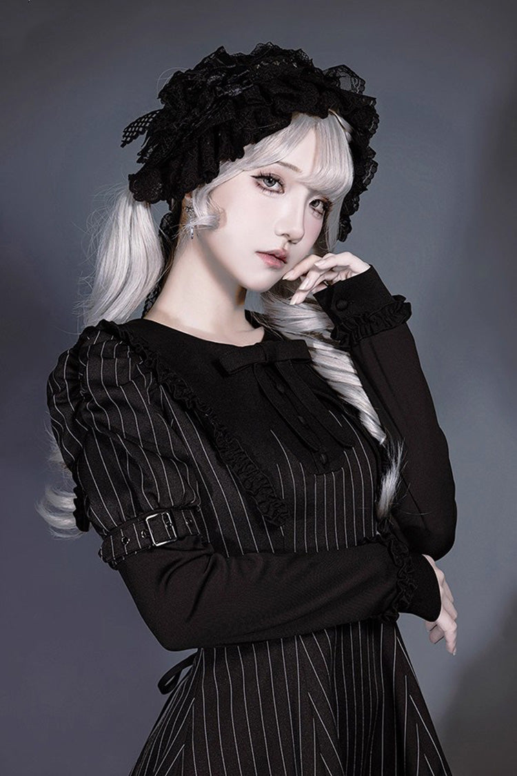 Black Long Sleeves Vertical Stripe Print Ruffle Bowknot Jirai Kei Japanese Witch Set - Product - 7