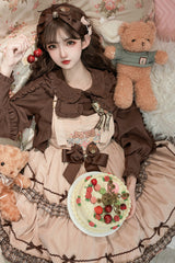 Khaki [Cute Bear] Embroidery Print Sleeveless Double-Layered Ruffle Bowknot Sweet Lolita Jsk Dress - Product - 5