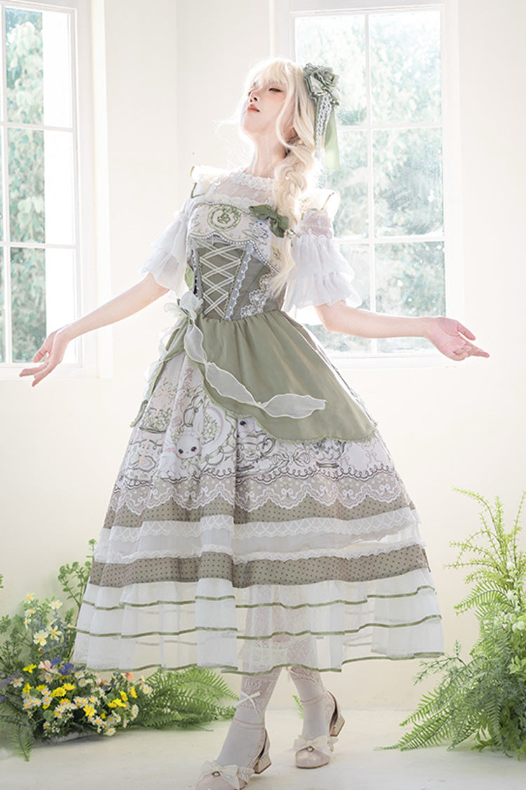 Green [Teacup Rabbit] Multi-Layered Print Ruffle Embroidery Bowknot Lace Asymmetric Sweet Elegant Lolita Jsk Dress - Product - 16