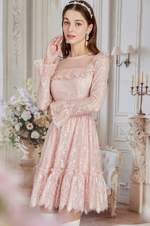 Pink Vintage Lace Round Collar Flower Embroidery Trumpet Sleeves Irregular Hem Sweet Lolita OP Dress - Product - 3