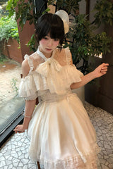 [Highness White Camellia] Off Shoulder Short Sleeves Double-Layered Ruffled Bow Lace Lace-Up Jirai Kei Plus Size Japanese Skirt Blouse Set 2 Colors - Product - 6