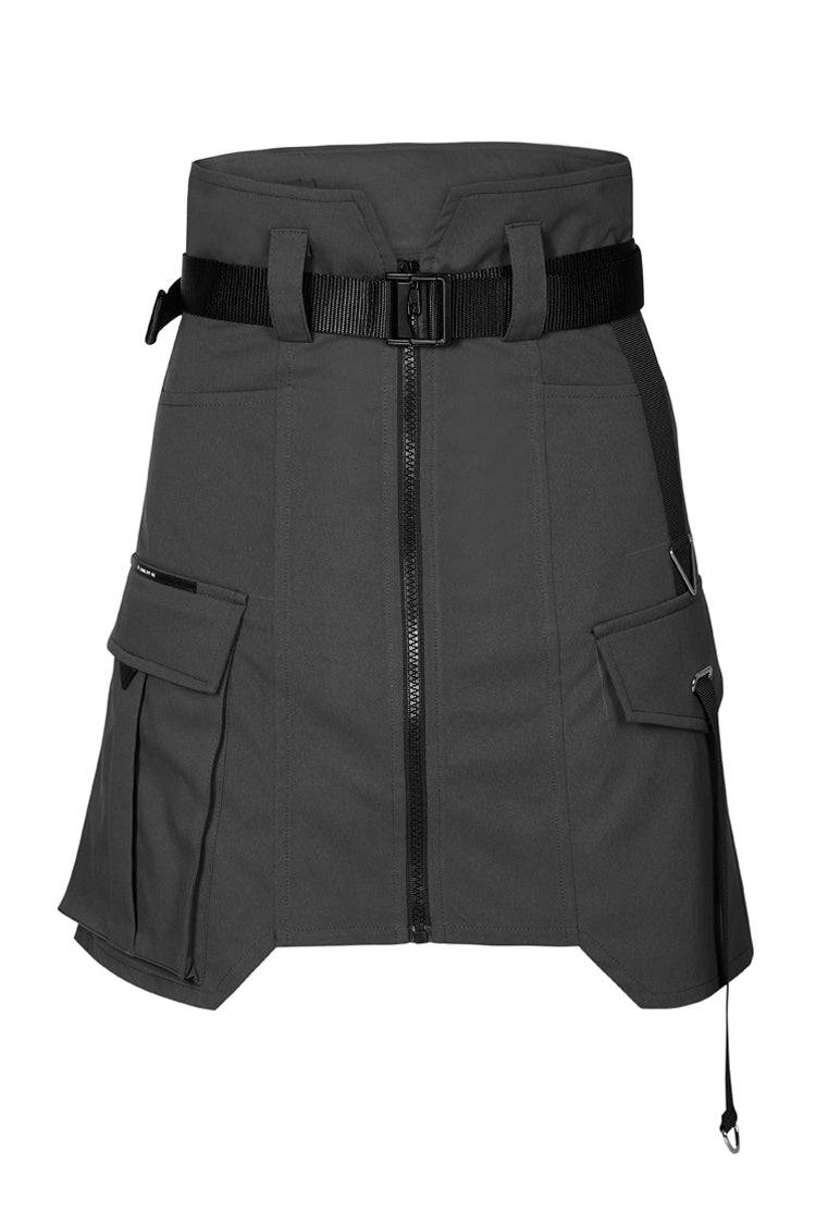 Black High Waist Plastic Belt Side Fake Pocket Women's Punk Skirt - Product - 5