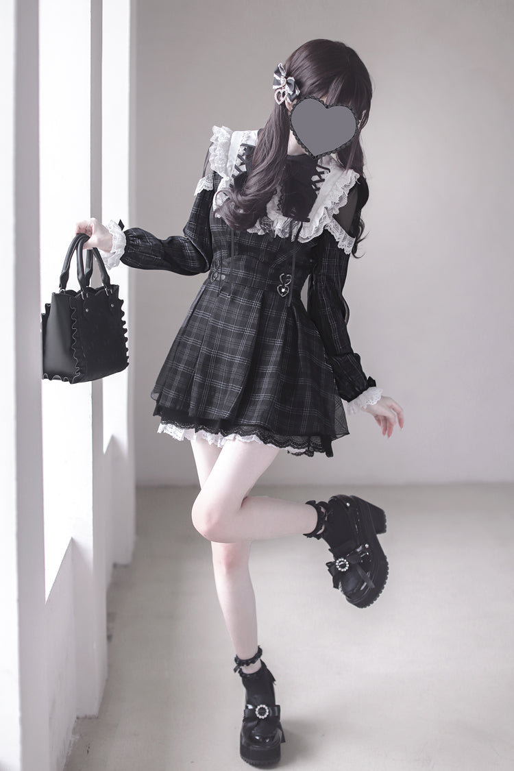 Black [Angel Heartbeat] Long Sleeves Plaid Print Ruffle Bowknot Lace Sweet Jirai Kei Japanese Dress - Product - 6