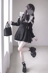 Black [Angel Heartbeat] Long Sleeves Plaid Print Ruffle Bowknot Lace Sweet Jirai Kei Japanese Dress - Product - 6
