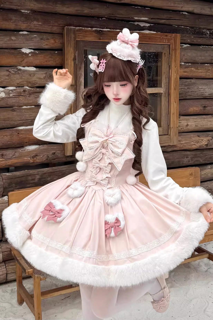 [Sweet Dream Bunny] Furry Bowknot Sweet Lolita Dress 2 Colors and 2 Versions - Product - 3