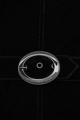 Black Stand Collar Jacquard Print Waist Cord Decoration Mens Gothic Mid Length Coat - Product - 7