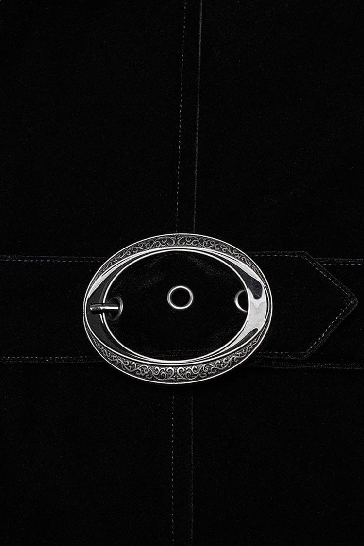 Black Stand Collar Jacquard Print Waist Cord Decoration Mens Gothic Mid Length Coat - Product - 7