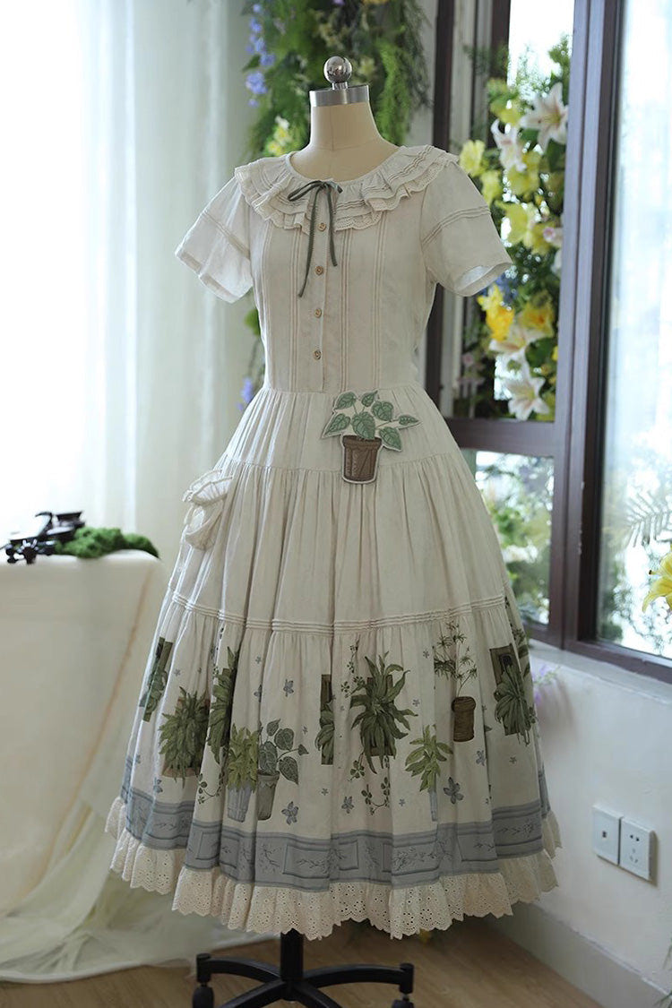 Ivory [Potted Plant] Short Sleeves Print Ruffle Sweet Lolita Dress - Product - 2