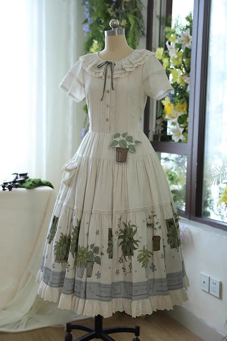 Ivory [Potted Plant] Short Sleeves Print Ruffle Sweet Lolita Dress - Product - 2