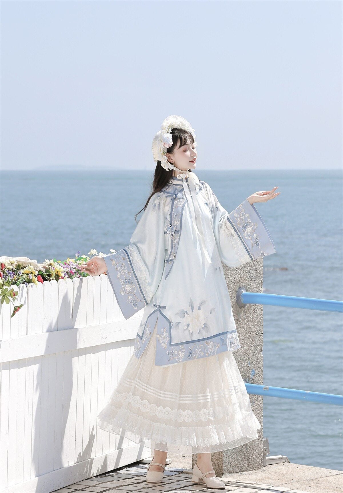 Blue [Flower Room] Stand Collar Long Sleeves High Waisted Printed Embroidered Women's Sweet Classic Hanfu Dress Set - Product - 3