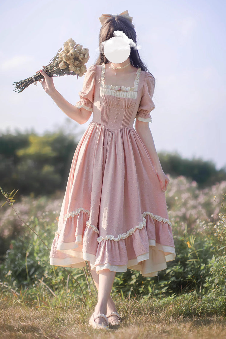Pink Square Collar Short Puff Sleeves Ruffle Embroidery Sweet Elegant Lolita Dress - Pink - 1