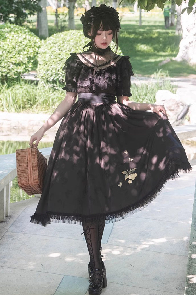 Black Daisy Print Cherry Embroidery Edwardian Collar Short Sleeves Gothic Lolita Dress - Product - 5