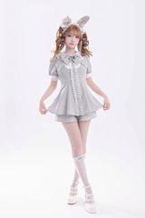 Grey Short Sleeves Ruffle Bowknot Fake Two Pieces Jirai Kei Japanese Dress Shorts - Product - 2