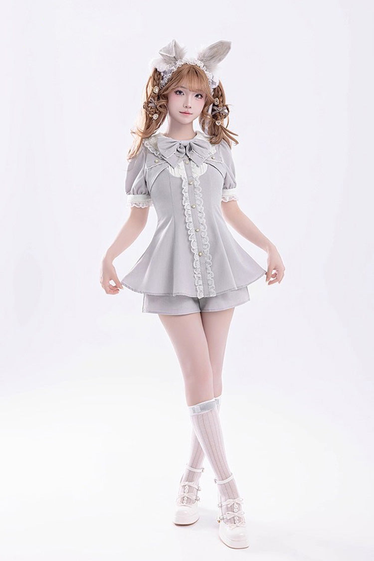 Grey Short Sleeves Ruffle Bowknot Fake Two Pieces Jirai Kei Japanese Dress Shorts - Product - 2