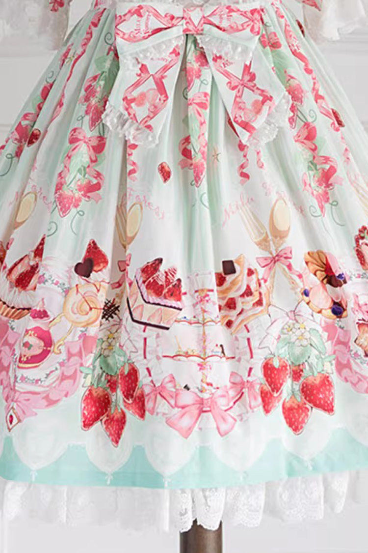 [Strawberry Feast] Sleeveless Printed Ruffled Bow Sweet Lolita Jsk Dress 4 Colors - Green - 9
