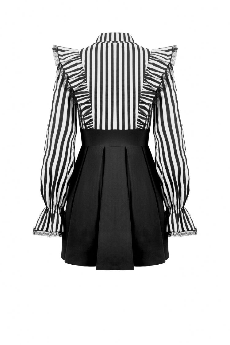 Black/White Striped Lapel Collar Long Sleeves Moon Lace Bow Ruffled Pleated Women's Gothic Dress - Product - 16