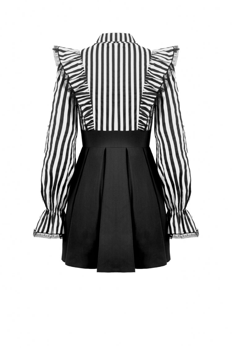 Black/White Striped Lapel Collar Long Sleeves Moon Lace Bow Ruffled Pleated Women's Gothic Dress - Product - 16