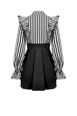 Black/White Striped Lapel Collar Long Sleeves Moon Lace Bow Ruffled Pleated Women's Gothic Dress - Product - 16