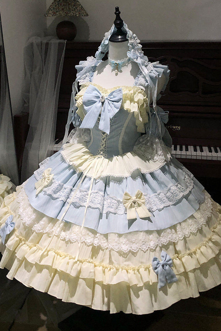 [Icy Blue Milky Wave] Square Collar Multi-Layered Printed Ruffled Bow Lace Sweet Lolita Dress Set - Product - 6