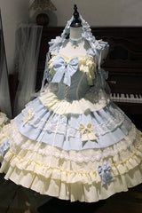 [Icy Blue Milky Wave] Square Collar Multi-Layered Printed Ruffled Bow Lace Sweet Lolita Dress Set - Product - 6