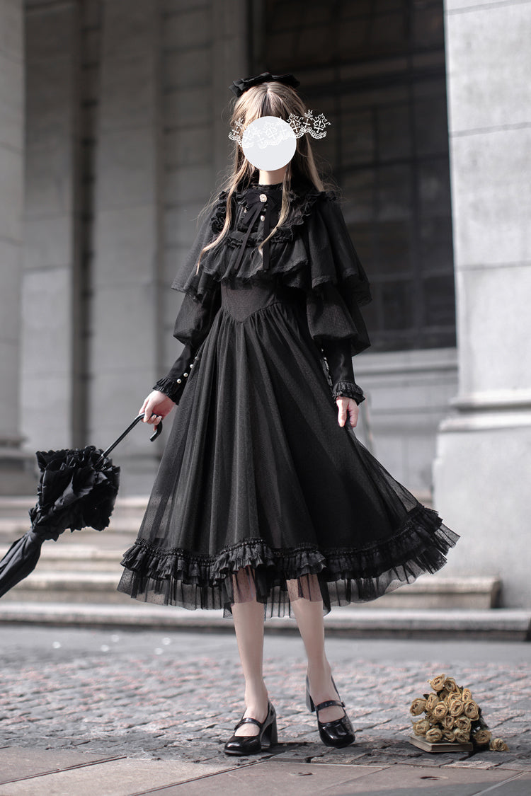 Black [Enchanted Nightdream] Long Sleeves Bowknot Lace Gothic Elegant Lolita Dress - Product - 2