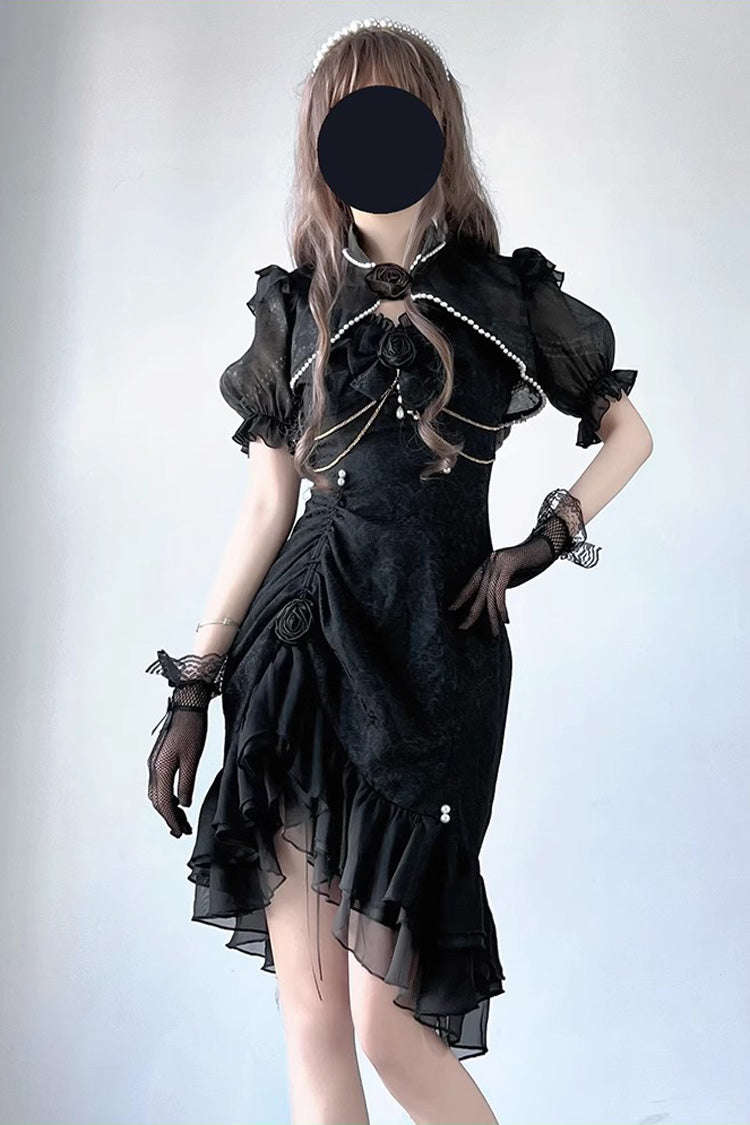 Black [Camellia 2.0] Sleeveless Jacquard Ruffle Lace Asymmetric Gothic Chinese Style Fishtail Lolita Jsk Dress - Black - 1