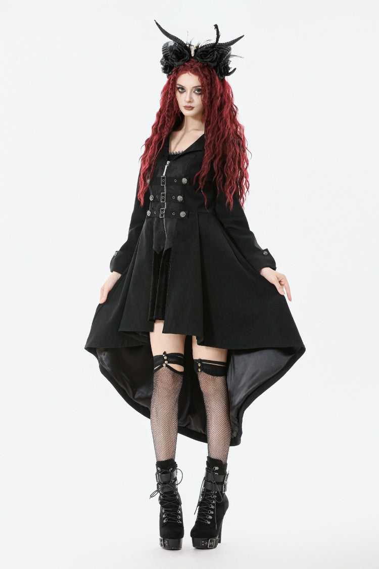 Black Lapel Collar Long Sleeves Lace-Up Irregular Bouble-breasted Buckle-up Women's Gothic Coat - Product - 7