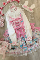 Pink [Floral Whisper] Bear Print Ruffle Bowknot Lace Sweet Princess Lolita Jsk Dress - Product - 6