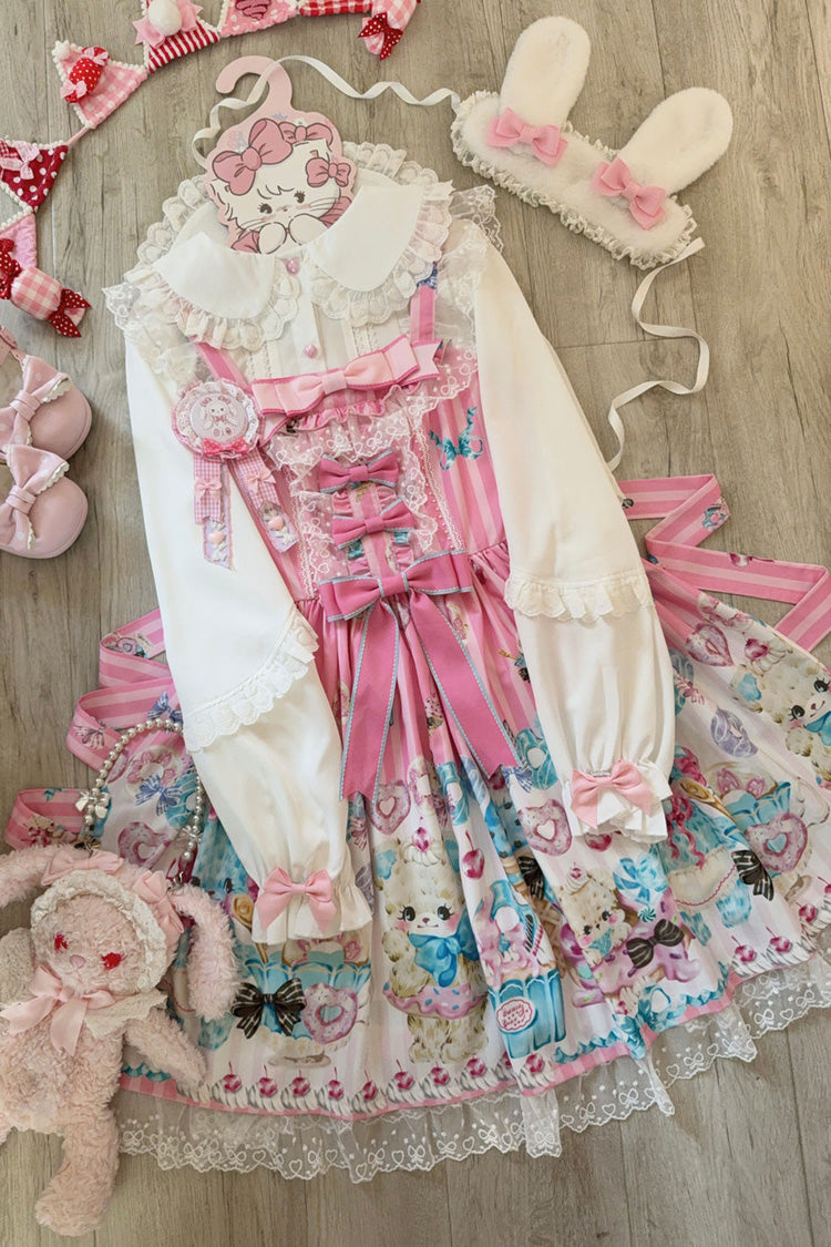 Pink [Floral Whisper] Bear Print Ruffle Bowknot Lace Sweet Princess Lolita Jsk Dress - Product - 6