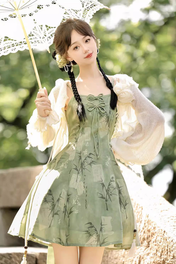 Green Bamboo Print Lace-Up Sweet Chinese Style Lolita Jsk Dress - Green - 1