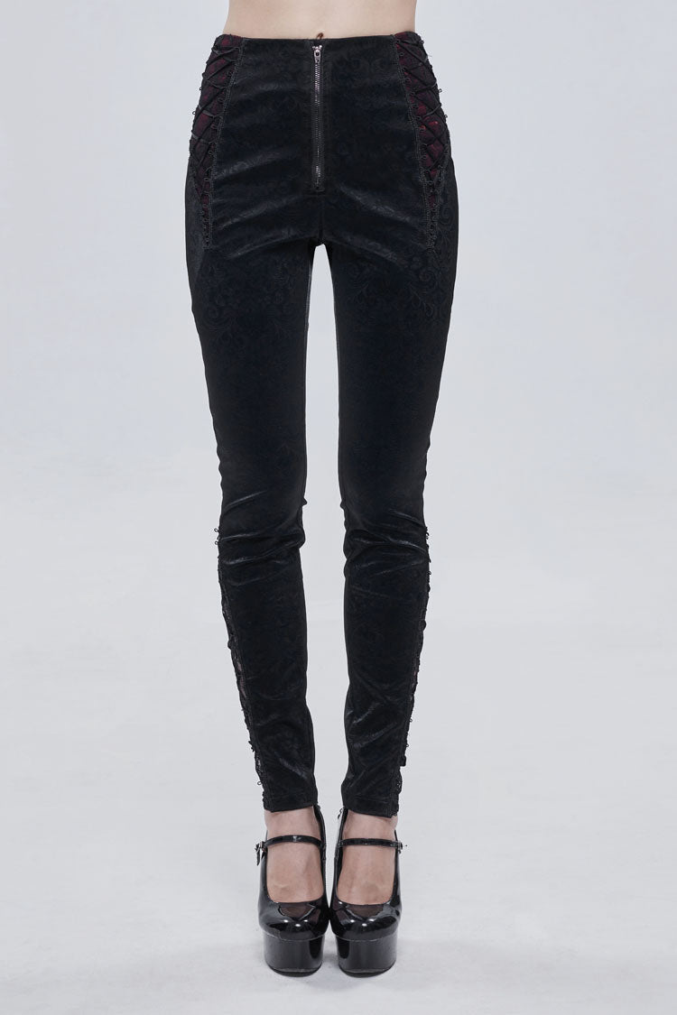 Black Textured Pattern Lace Decoration Metal Zipper Mid-High Waist Tie Women's Gothic Trousers - Black - 1