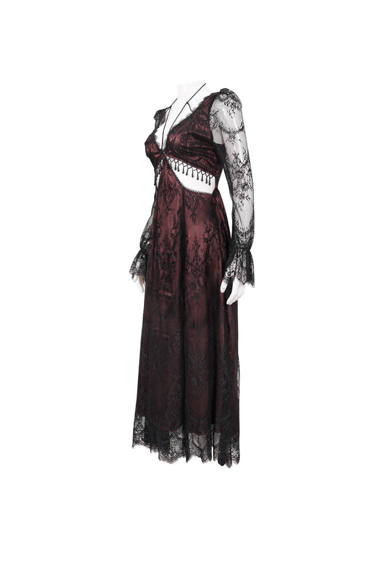 Red Lace Appliqu Adjustable Waist Cutout Women's Gothic Dress - Product - 6