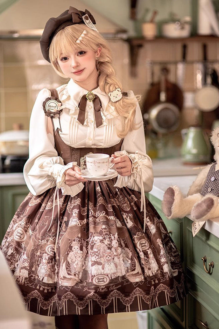 Doll's House Print Ruffle Embroidery Short Version Sweet Lolita Jsk Dress 2 Colors - Brown - 1
