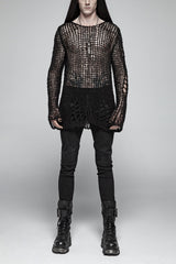 Black Casual Ripped Pullover Men's Steam Punk Sweater - Black - 1