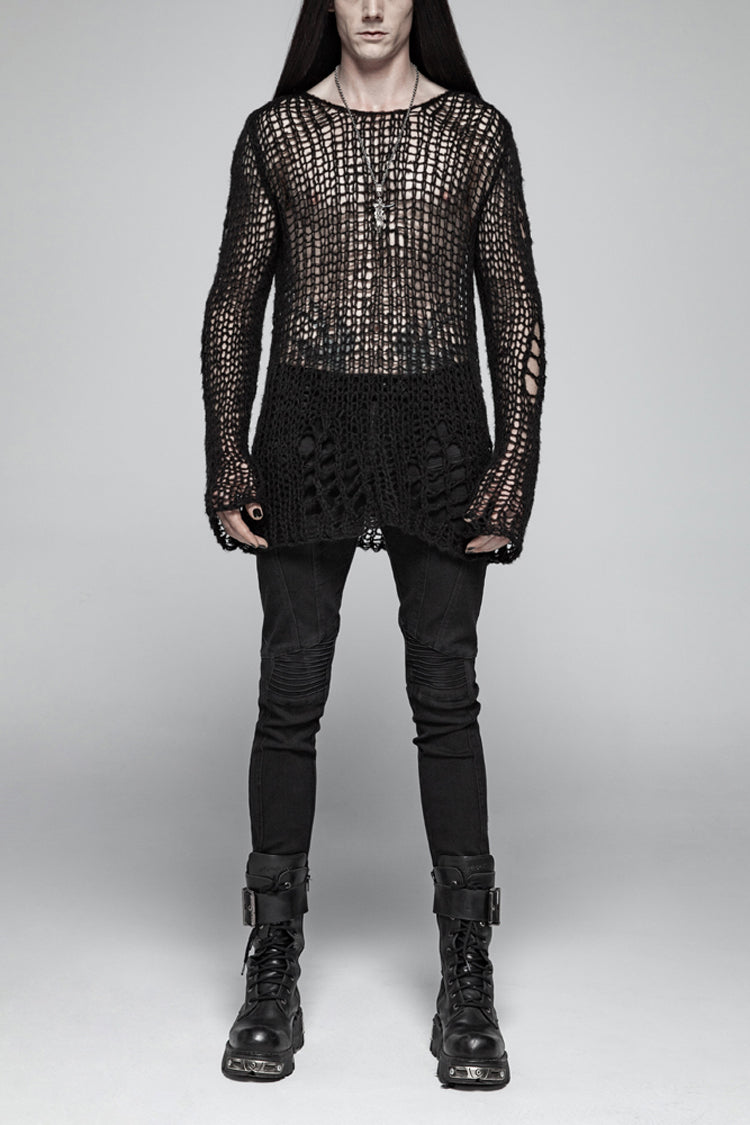 Black Casual Ripped Pullover Men's Steam Punk Sweater - Black - 1