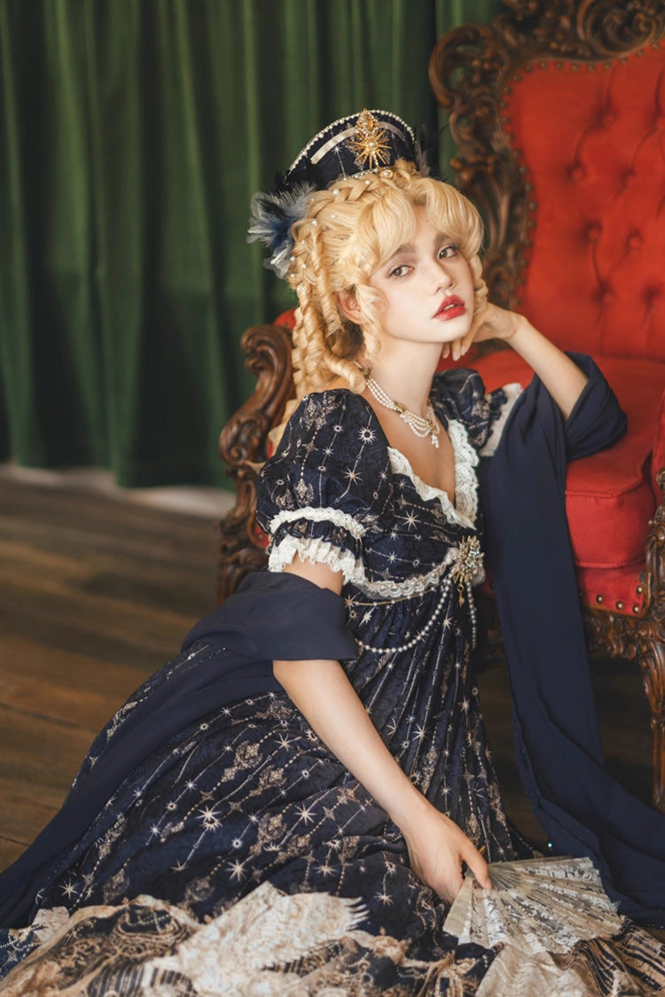 Blue [Unicorn] V Collar Short Sleeves Empire Motif Print Embroidery Bowknot Lace Sweet Elegant Lolita Dress - Product - 15