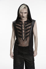 Black Spliced Lace-Up Slim Hooded Mesh Eyelet Men's Punk Cool Vest - Black - 1