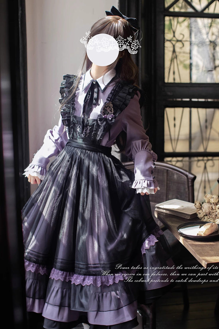 Black [Witch Academy] Double-Layered Ruffle Embroidery Bowknot Mesh Sweet Elegant Lolita Jumper Dress - Product - 4