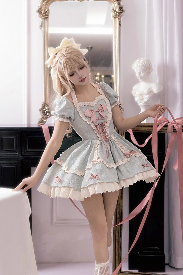 Heart-Beating Love Song Short Sleeves Ruffle Bowknot Lace-Up Sweet (Dress Only) front view