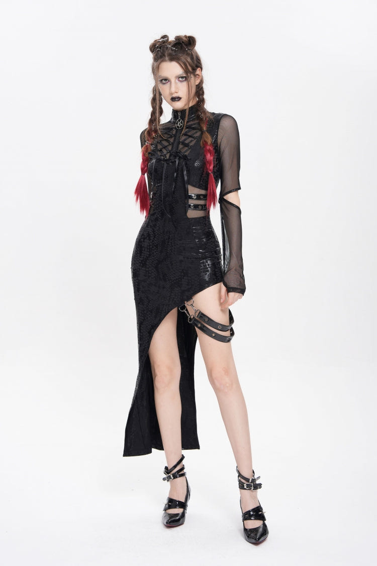 Black Stand Collar Long Sleeves Stitching Lace-Up Mesh Women's Punk Dress with Detachable Strap - Product - 7
