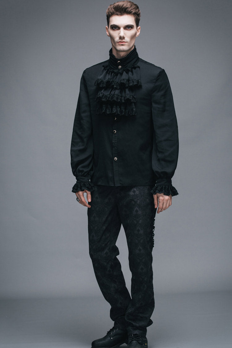 Black Ruffled Lace Button-Up Micro-bullet Chiffon Long Sleeve Men's Gothic Shirt - Product - 8