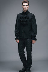 Black Ruffled Lace Button-Up Micro-bullet Chiffon Long Sleeve Men's Gothic Shirt - Product - 8