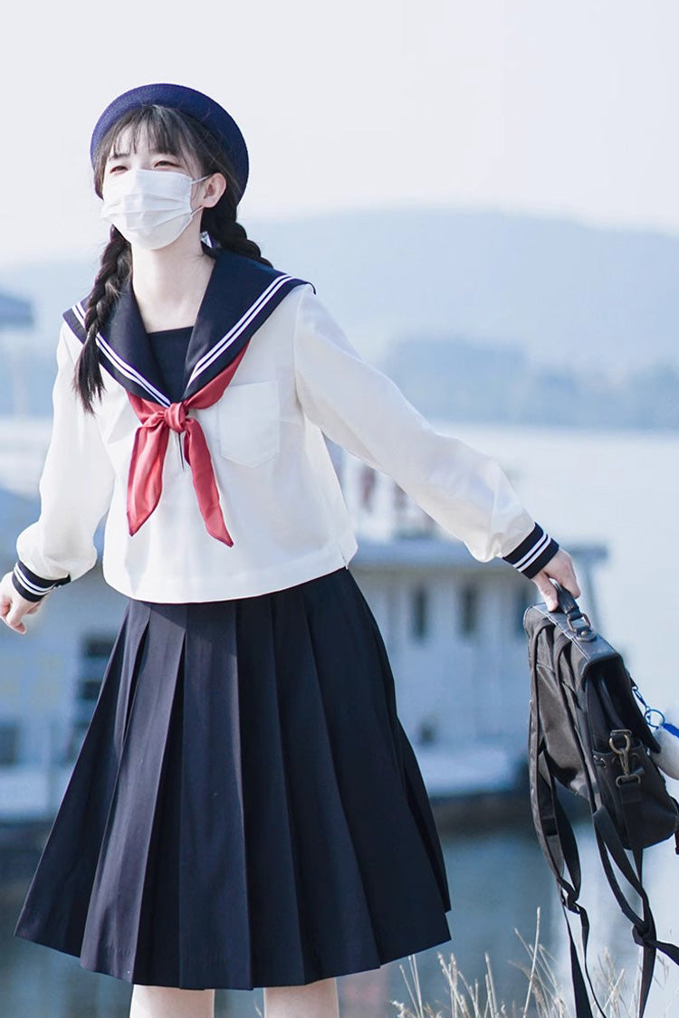White/Dark Blue Long Sleeves Sweet Japanese School Skirt Set - Product - 2